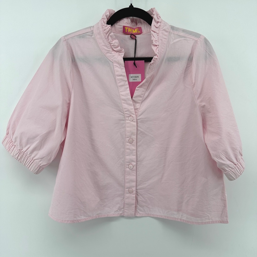 THML Pale Pink Ruffle Collar Button-Front Blouse